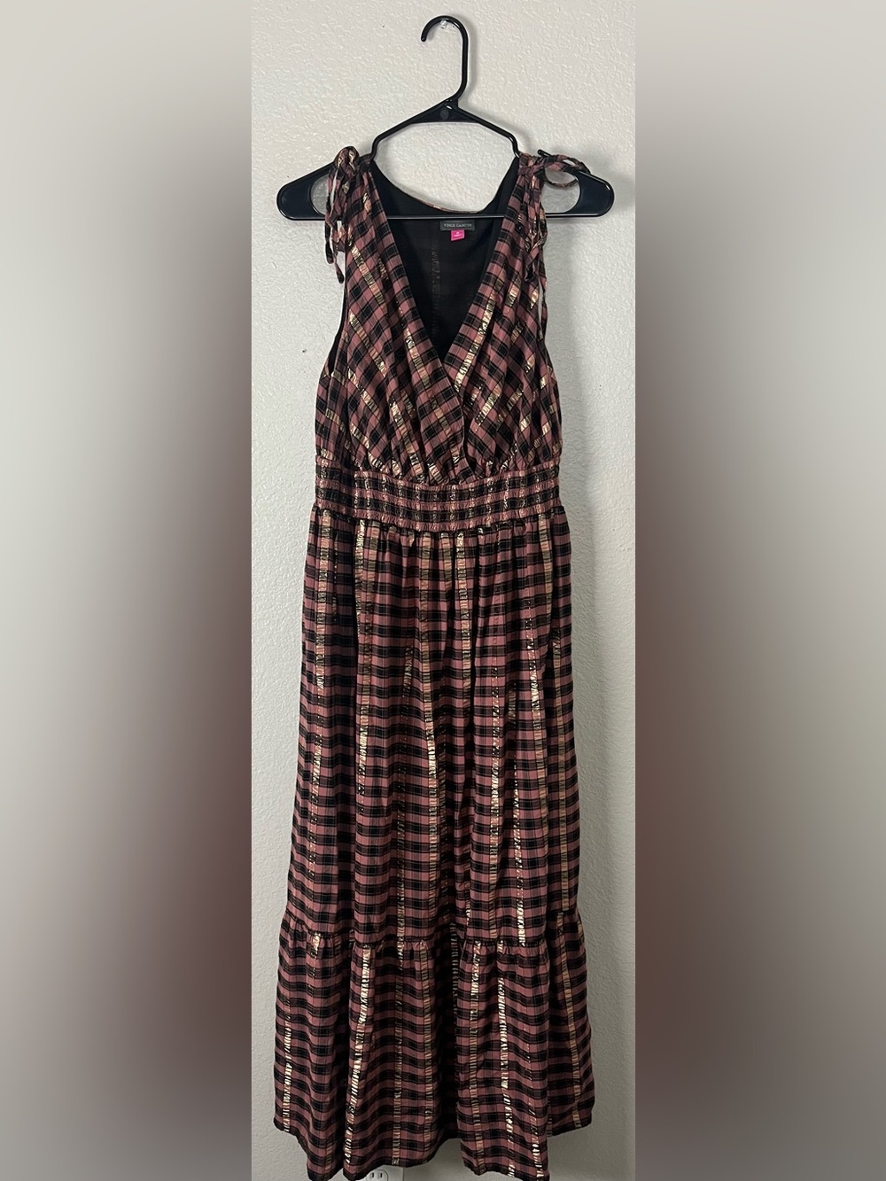 VINCE CAMUTO Pink Black Plaid Sleeveless Metallic-Strip Dress Sz 1X Boho Tc0766